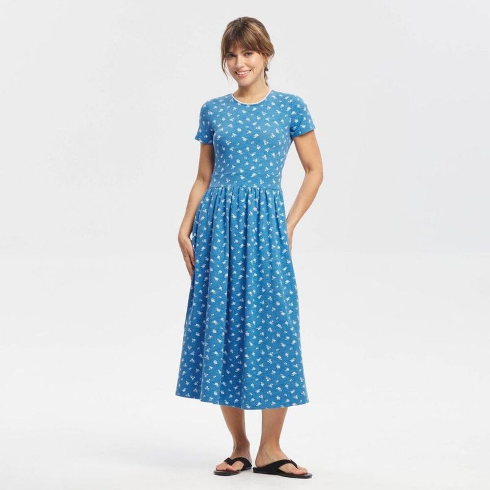 Women's Short Sleeve Lace Trim Knit Dress - Universal Thread™ Blue Floral S